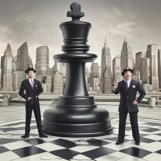Monopoly giant controlling chessboard pieces representing consumers and producers