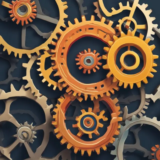 Two large interconnected gears symbolizing oligopolistic firms, each affecting the other