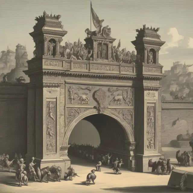 A sturdy bridge with high walls guarded by fierce lions represents the significant barriers to entering and exiting markets