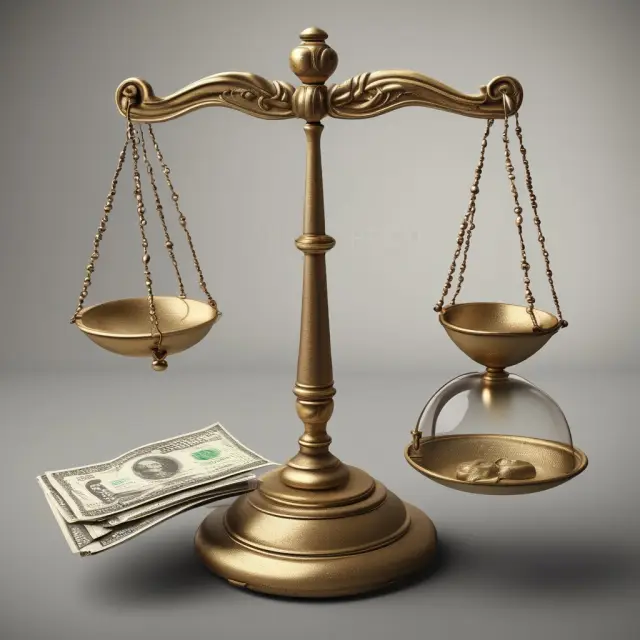 Ancient scale with hourglass and money pouch: Implicit Costs representation of opportunity cost.