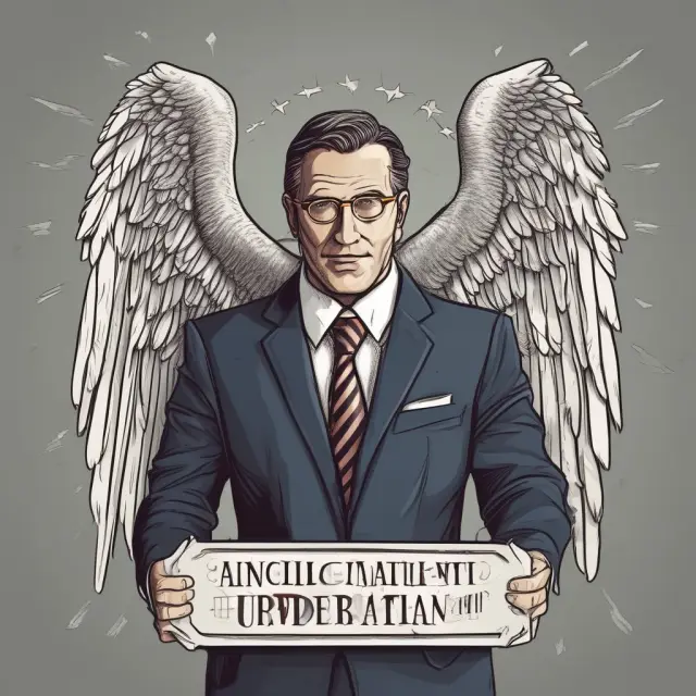 An angel in formal attire holds a nameplate with the title 