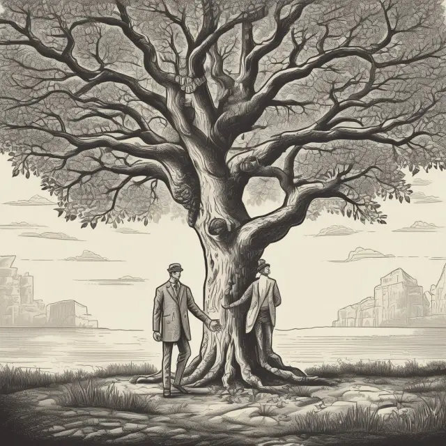 An expert advisor (crowned) and institutional investor sitting under a tree, signifying the trust and implied authority in their professional relationship