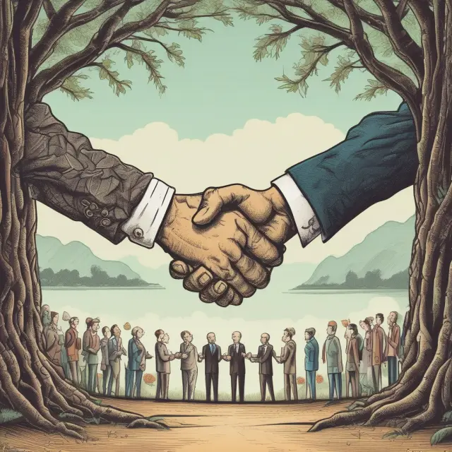 Two people shaking hands beneath an old tree, symbolizing the creation of an implied contract