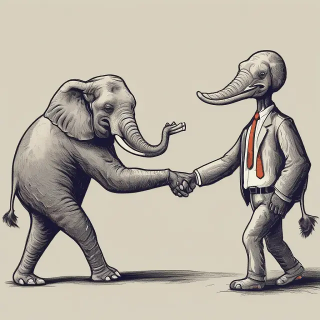 An elephant representing businesses and an ostrich symbolizing investors engaged in a handshake, illustrating the strategic partnership and risks of implied contracts