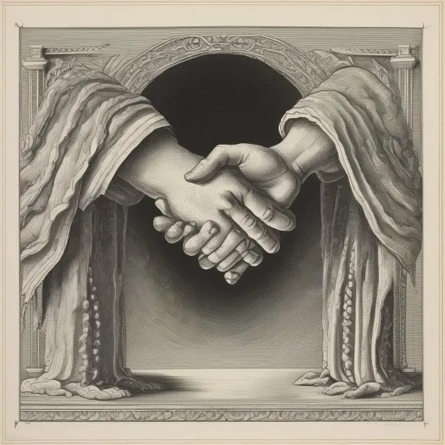 Abstract figures exchanging promises: Imagery representing the formation of implied contracts.