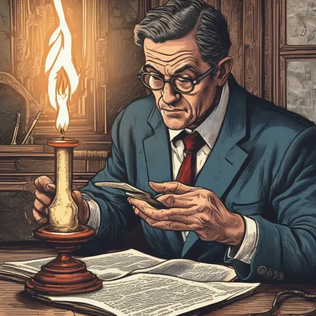 Investor calculating implied rate in oil investments using a candle and magnifying glass. Keywords: investor, implied rate, calculate, oil, flame