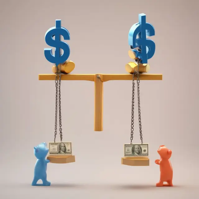 Currencies on a seesaw with higher one lifting an implied interest rate scale, illustrating currency exchange rates and interest rate analysis