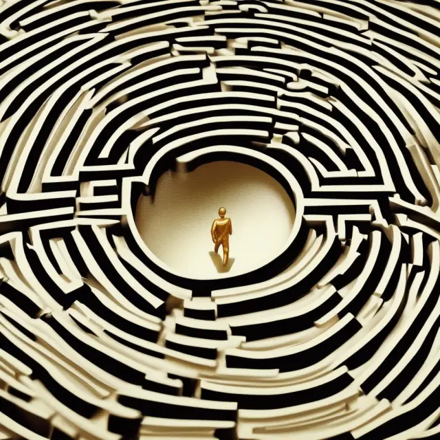 An intricate maze filled with gold coins illustrating negative implied rates, representing market expectations of future borrowing rates being lower than current levels.
