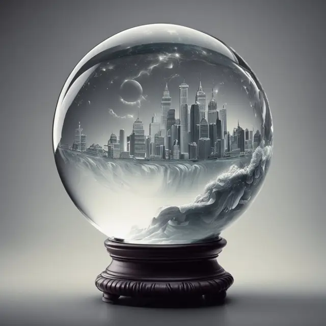 Visualization of implied rates derived from financial markets, shown as swirling numbers in a crystal ball