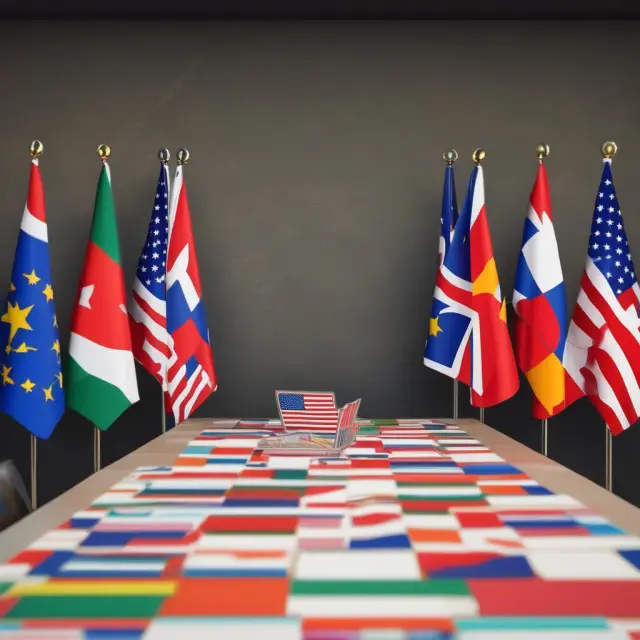 Flags of three countries sitting at a table, making an agreement, while walls (tariffs) separate some goods between them