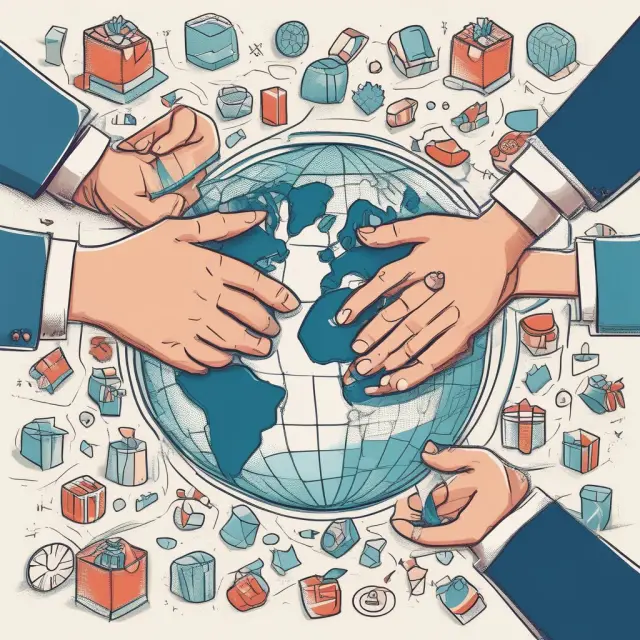 Global hands exchange goods representing imports, promoting consumer benefits and economic growth