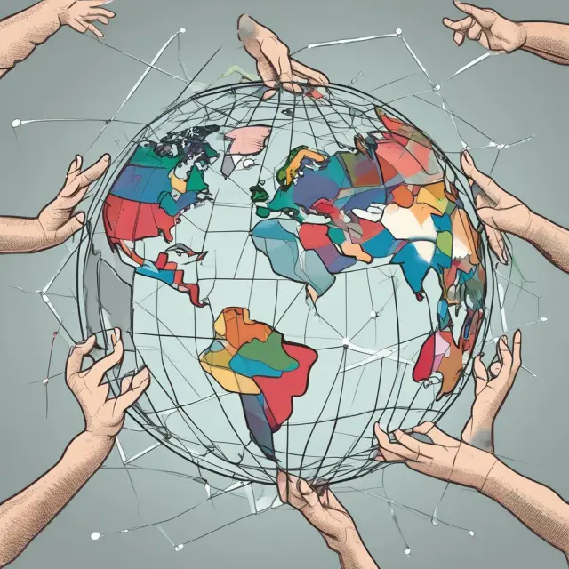 A globe with interconnected hands symbolizing US trading partners: China, Canada, Mexico, Japan, and Germany.