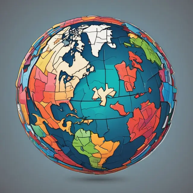 A world map illustrating the economic relationship between the United States, Canada, and Mexico with interconnected puzzle pieces representing each country