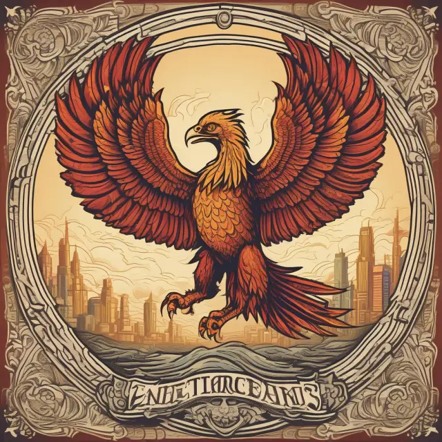 A mythical phoenix emerging from a sea of tariffs, subsidies, and an overvalued currency, symbolizing the rise of import substitution industrialization