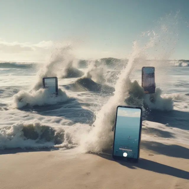 Visualizing the concept of social media impressions as waves crashing on a screen, symbolizing the reach of content.