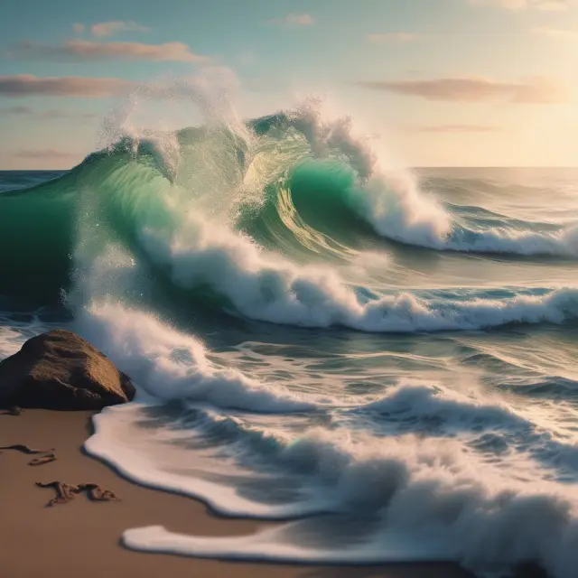 A wave of brand logos crashing onto a sandy shore, symbolizing the reach and impact of impression metrics on building brand awareness