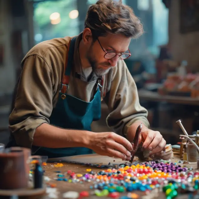 Artisan polishing a gemstone amidst bustling marketplace stalls, illustrating efforts to refine and enhance impression quality