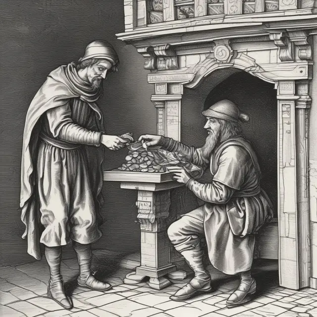 Medieval merchant managing a petty cash system, maintaining financial control with a predetermined sum of money.