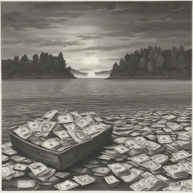 A large, tranquil reservoir symbolizing imprest, feeding a steady stream of petty cash for business expenses