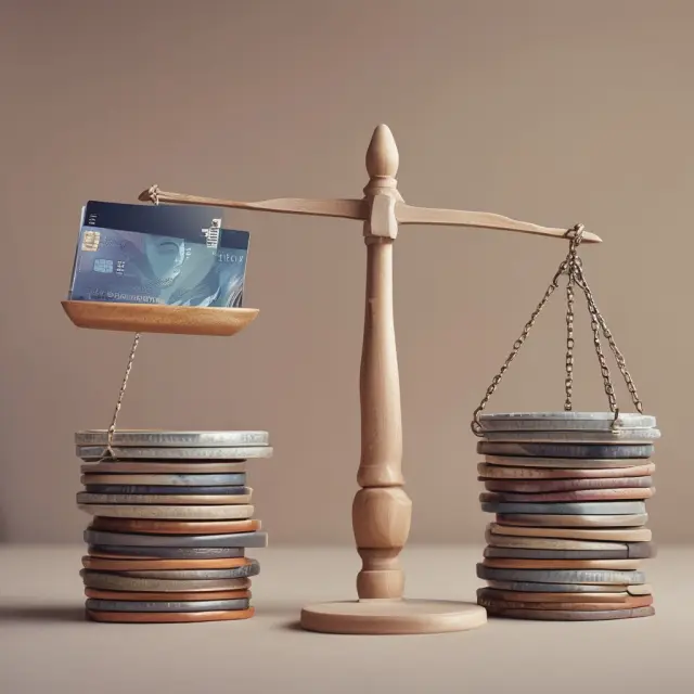 Two scales in balance: One representing imprest, the other showing corporate credit cards and purchasing cards. Both sides depict documents and currency, symbolizing financial management methods.