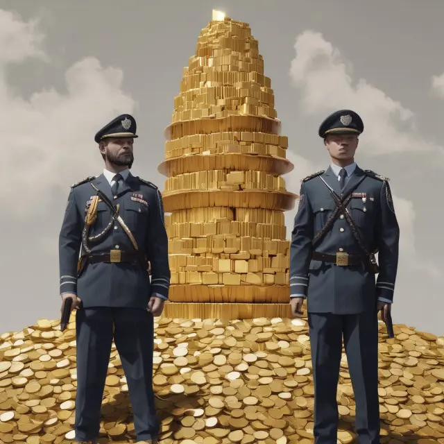 Two protective guards with shields watch over stacks of golden imprest coins.
