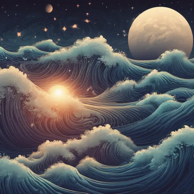 Impulse waves (1, 3, and 5) form a cosmic ocean with corrective waves (2 and 4), representing Elliott Wave