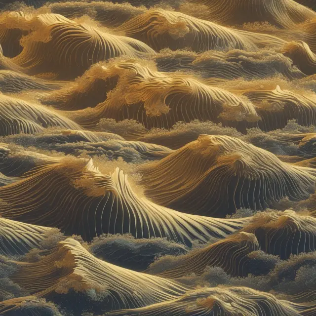 A visualization of five golden waves progressively growing in a fractal sea, representing the five-wave sequence within Elliott Wave theory