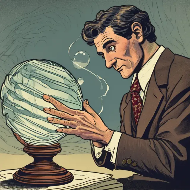 An Elliott Wave analyst contemplating market trends using a crystal ball filled with waves, symbolizing Fibonacci ratios and impulse waves.