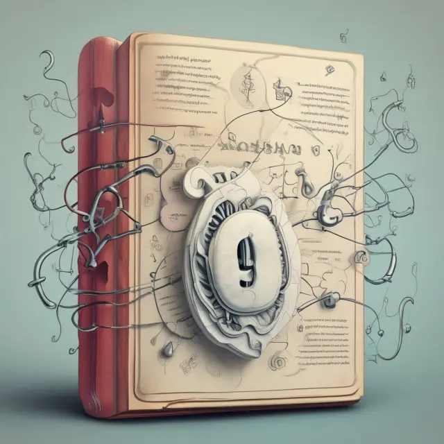 Visualization of an intricately designed ledger filled with interconnected question marks and answers, representing the imputed values in FAQs