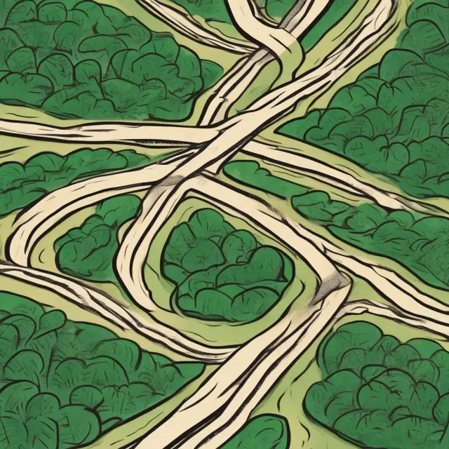 Garden with two forking paths symbolizing opportunity cost. One path represents the chosen investment while the other, the missed opportunity; imputed values labeled as blooming flowers