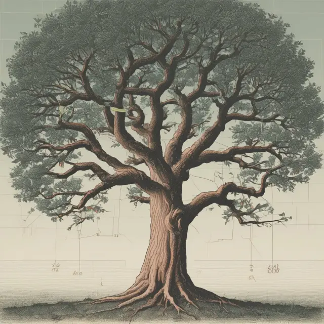 A maturing tree with outstretched branches extending towards a rate chart, representing the growth of imputed interest on zero-coupon bonds