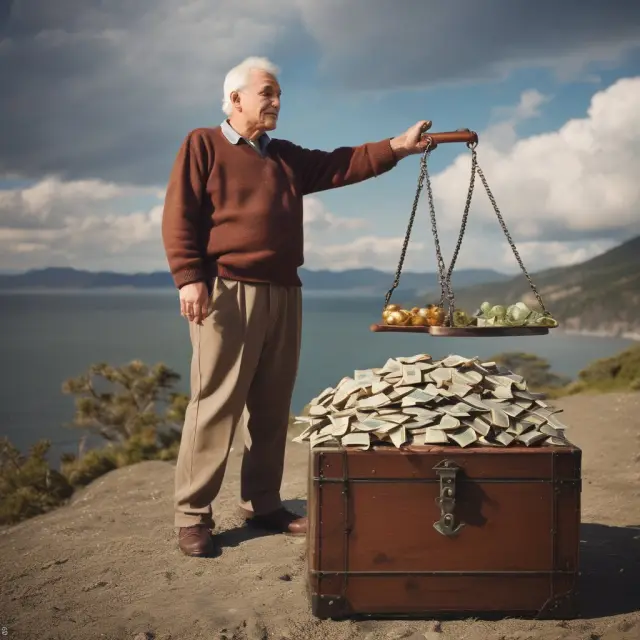 Retiree assessing taxable imputed interest on monthly pension payments versus lump sum, using scales to symbolize comparison