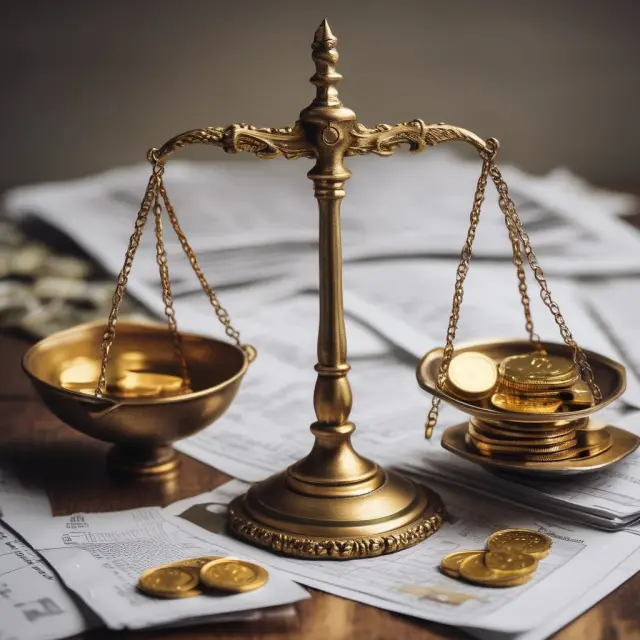 Gold coins and tax documents balanced on scales represent imputed interest calculations for loans and securities