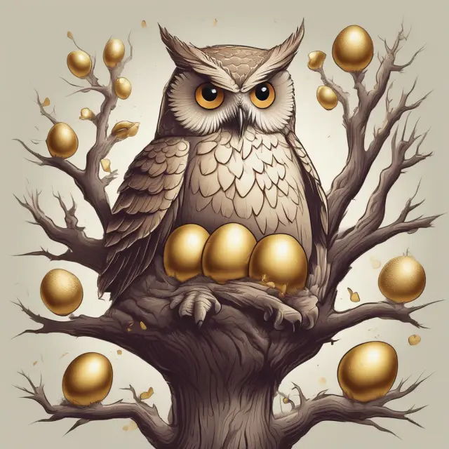 An impartial owl holding golden eggs in a tree with interconnected conditions symbolizing an escrow service