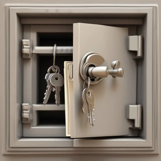 A safe containing real estate keys, title deeds, and escrowed funds, illustrating secure holding during transactions