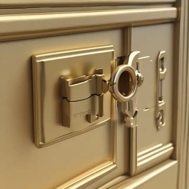 Golden key unlocking a safe with two compartments labeled 