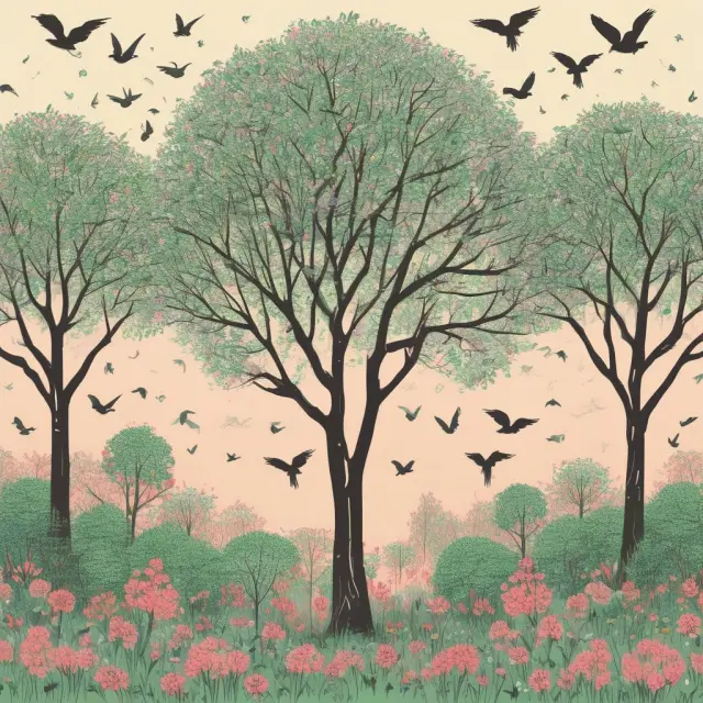 A garden filled with blooming trees symbolizing cost savings and birds flying overhead carrying knowledge and time efficiency, illustrating the advantages of outsourcing.