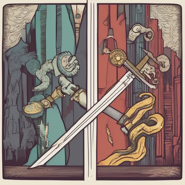 An image of a double-edged sword symbolizing the advantages and disadvantages of outsourcing: control on one side and risks on the other