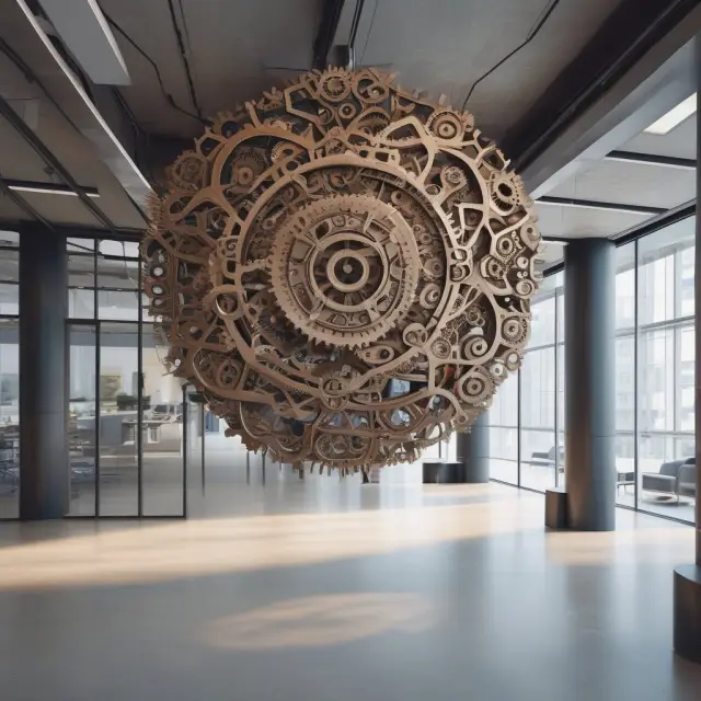 An intricate network of communicating gears representing efficient in-house team communication