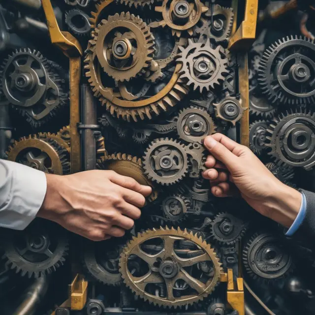 Image: Machinery gears exchanging hands on a conveyor belt. This visual metaphor represents the concept of in specie transactions, where physical assets flow between companies during business deals.