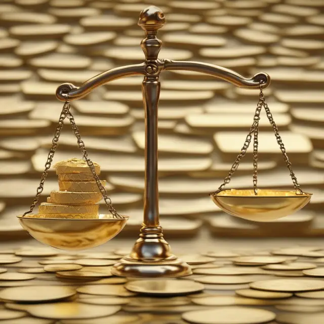 Golden scales balanced between two hands holding stocks: One hand represents potential rewards while the other symbolizes inherent risks during in specie transfers.