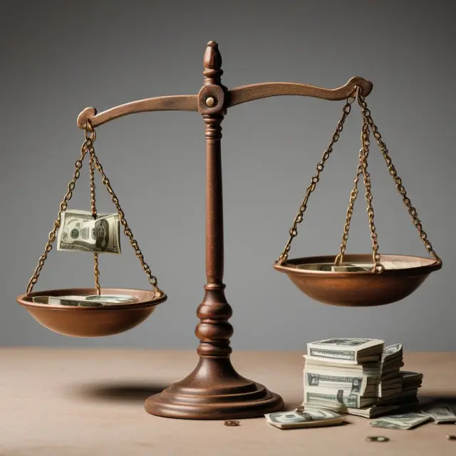 Scale representing in specie transaction, with shares on one pan and cash on the other, maintaining equilibrium