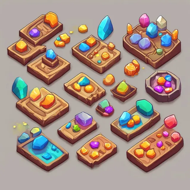 A vibrant marketplace filled with coins and gems, symbolizing different types of in-app purchases: consumable (coins), non-consumable (gems), subscriptions, physical goods, and advertisement removal.