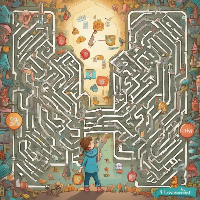An image of a watchful regulator, represented as a hand, guiding children through a maze of mobile applications while pointing to clear signposts indicating secure in-app purchasing options
