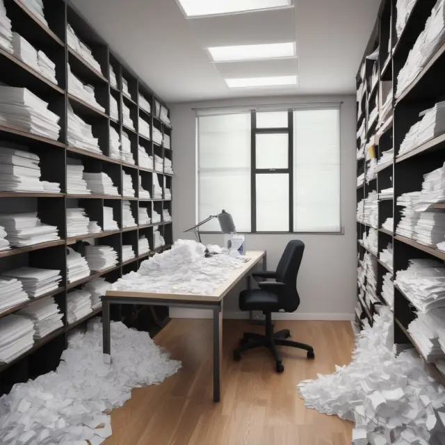 An image of a bustling tax office with a river of documents representing incidental expenses flowing towards filing cabinets and employees diligently processing them