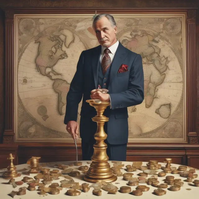 Valiant appraiser examines gold coins for income and considers the hourglass of time, evaluating vacant puzzle pieces to determine a property