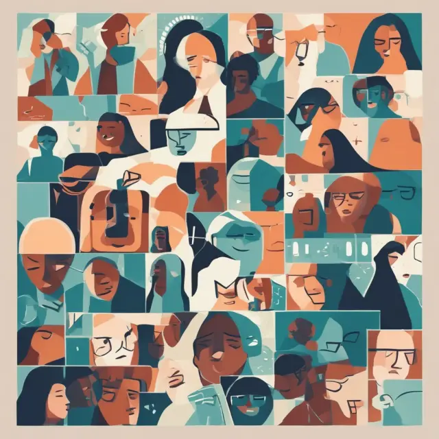 A vibrant mosaic of workers representing various occupations and ethnicities, with some pieces displaying unequal wage sizes to symbolize income disparities