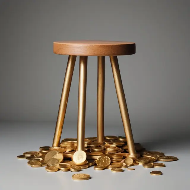 Golden coins on a three-legged stool represent per capita income with labels for inequality, inflation, international comparisons, savings, children, and economic welfare