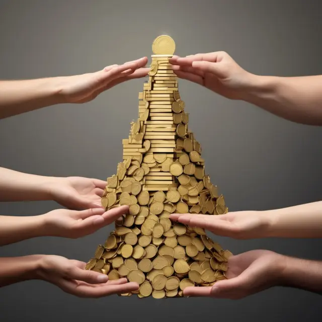 Golden coins represent income, forming a pyramid illustrating wealth distribution