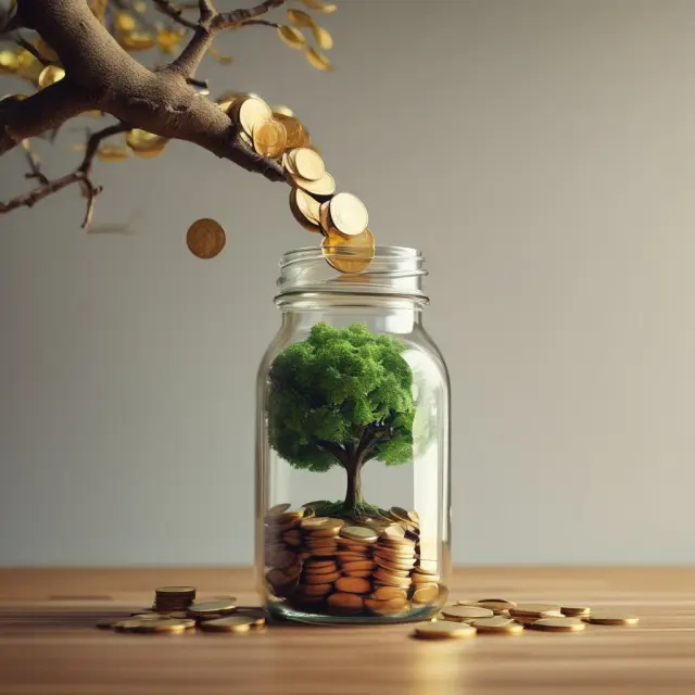 An image of gold coins streaming from branches of different sizes representing various income levels into a jar, emphasizing their impact on savings and long-term wealth accumulation
